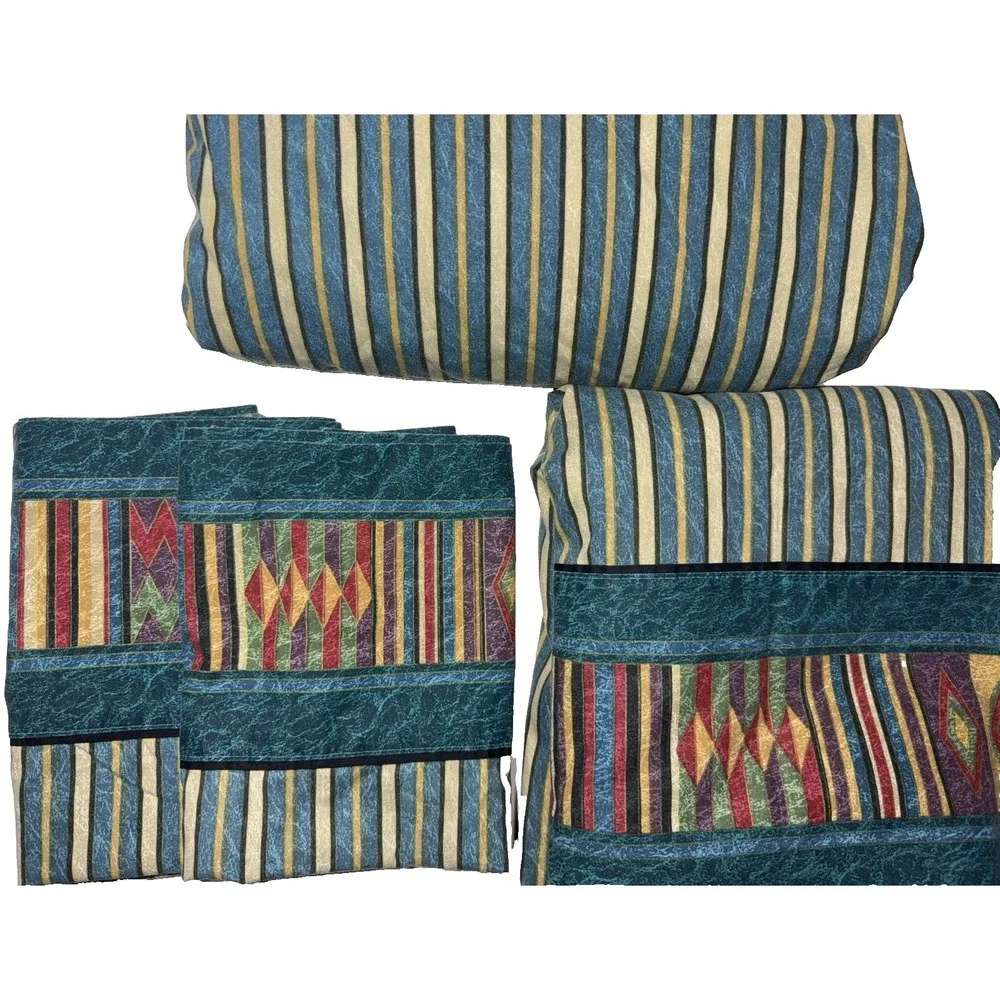 JCPenney Sheet Set Southwestern KING Vtg Teal Marble Stripes Geometric Tribal